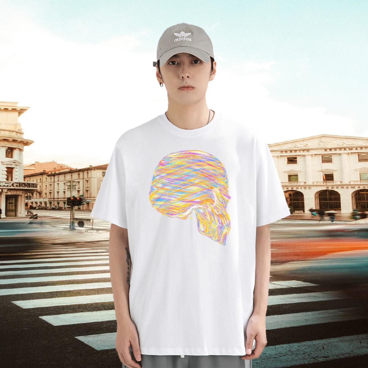 2024 DIY T Shirts Men skull Tops Tees 230g 100% Cotton Beach Loose Anime Print Breathable Short Sleeve Tshirts