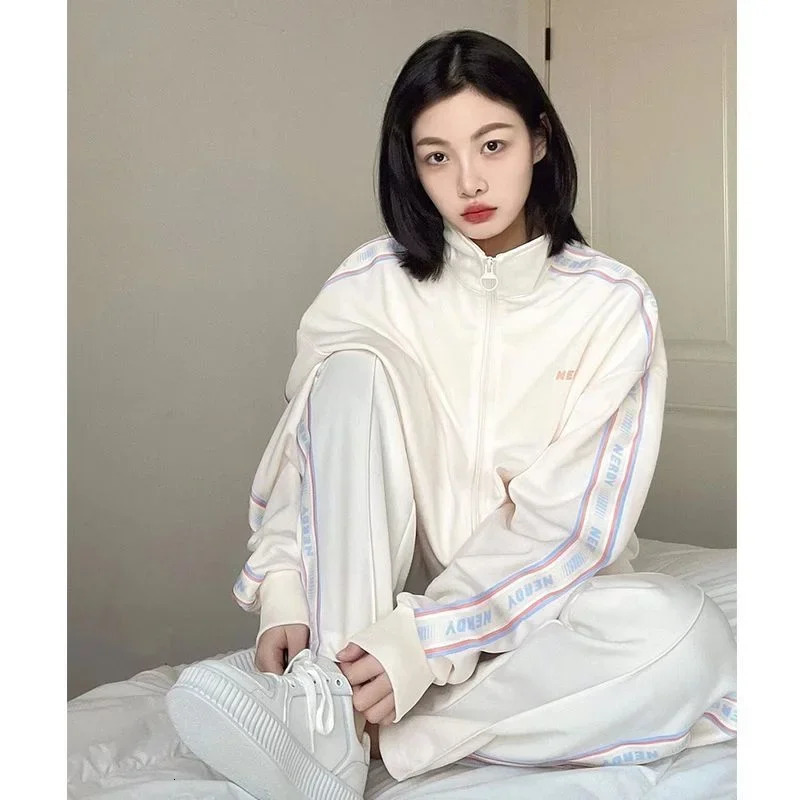 Korean Casual Sports Set Women Harajuku Zipper Cardigan Jacketbaggy Wide Leg Pants Spring Autumn 2pcs Sets Fashion Tracksuit 240807