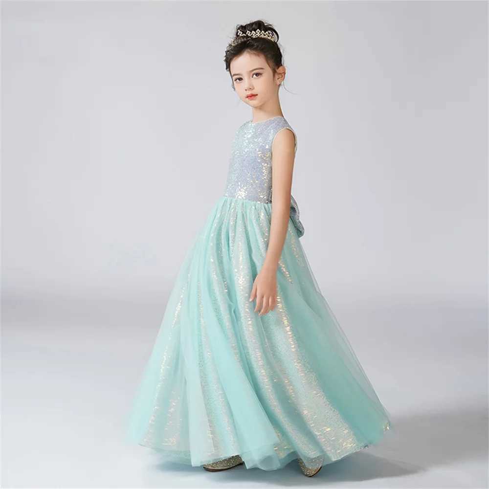 -neck Girl Dress Sparkling Flower Gaul Flower Girl Dress Sleeveless Childrens Birthday Formal Princess DressW240720