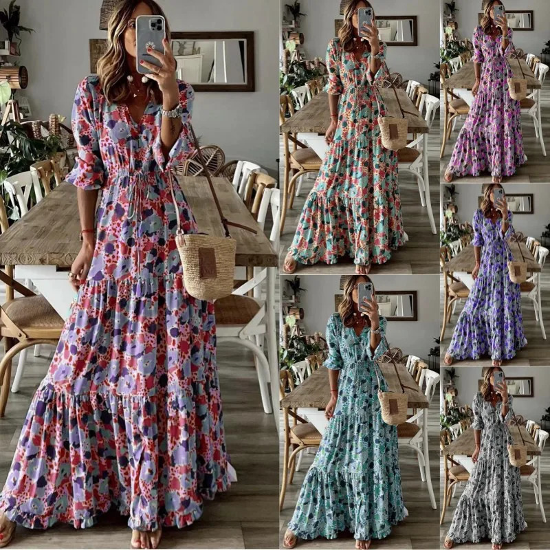 Spring Autumn Flower Print Long Dresses For Women Casual Holiday A-line Beach Dress Fashion Elegant Bohemian Style Maxi Vestidos 240807