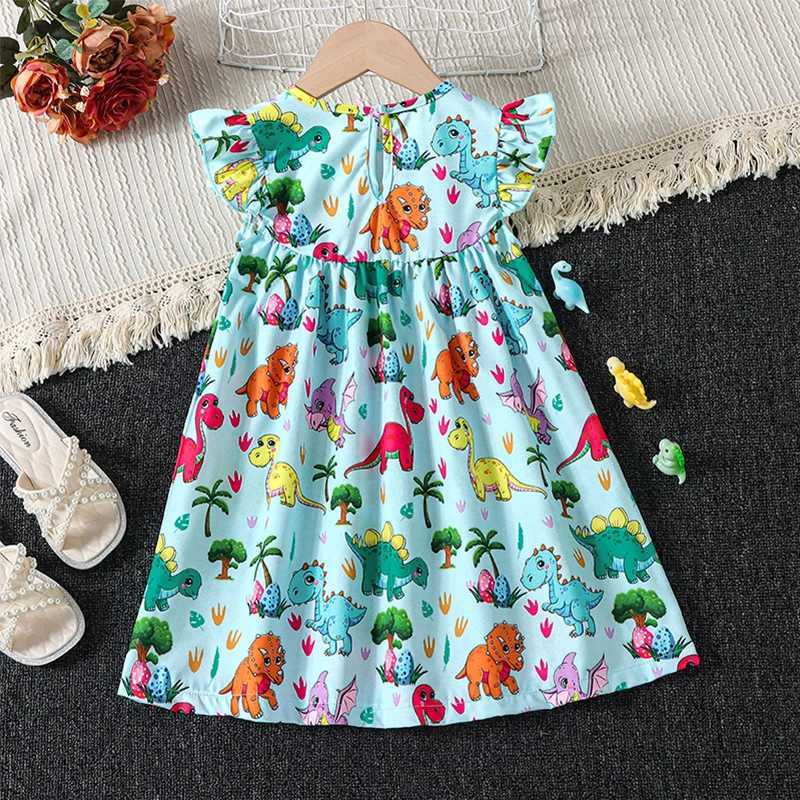 1-6 Year Old Preschool Girl Dinosaur Dress with Folded Sleeves Sundress Little Girl A-Line Summer Soft Dress Casual Fashion SetW240720