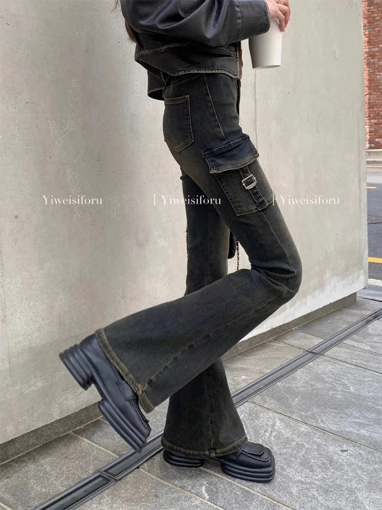 Women Japanese Streetwear Low Rise Flare Jeans 2000s Aesthetic Y2k Black Denim Pants Bell Bottom Gyaru Harajuku Fashion Vintage 240807