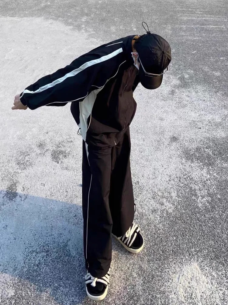 Black Joggers Set Women Jacket Pant Street Hip Hop Tracksuit Vintage Y2K Oversize Zipper Sports Harajuku Sweatpants Suits 240807