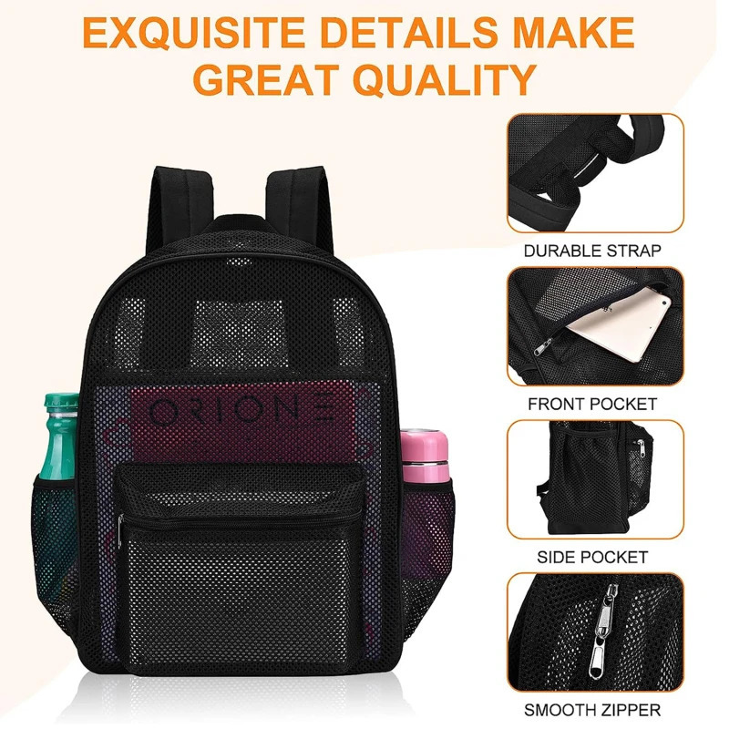 Fashionable womens transparent mesh backpack suitable for both boys and girls lightweight Rucksack travel black student bag 240807