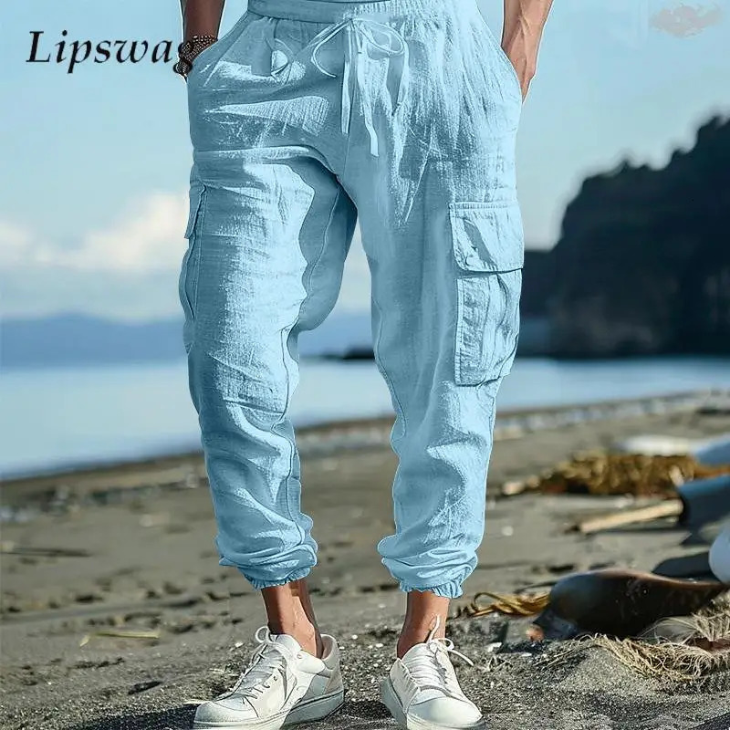 Autumn Casual Mens Cotton Pants Fashion Solid Color Drawstring Loose Cargo For Men Vintage Patchwork Pockets Design 240806