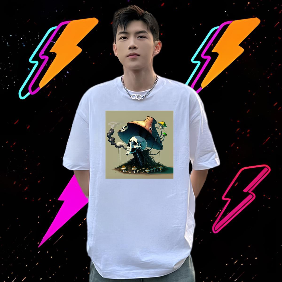 DIY T-Shirts for Men skull Clothings 230g Pure Cotton Street wear Hip Hop Cool Anime Print Crew Neck Breathable Men Tops Tees