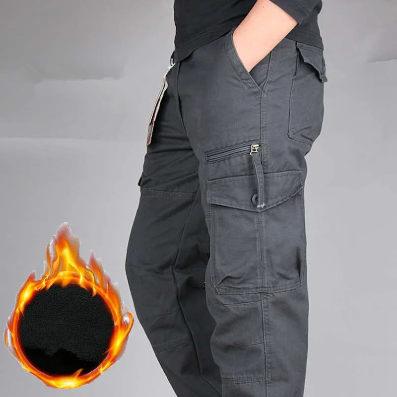 Winter Fleece Lining Cargo Pants Men Thick Warm Baggy Cotton Double Layer Long Trousers Tactical Size M3XL 240806