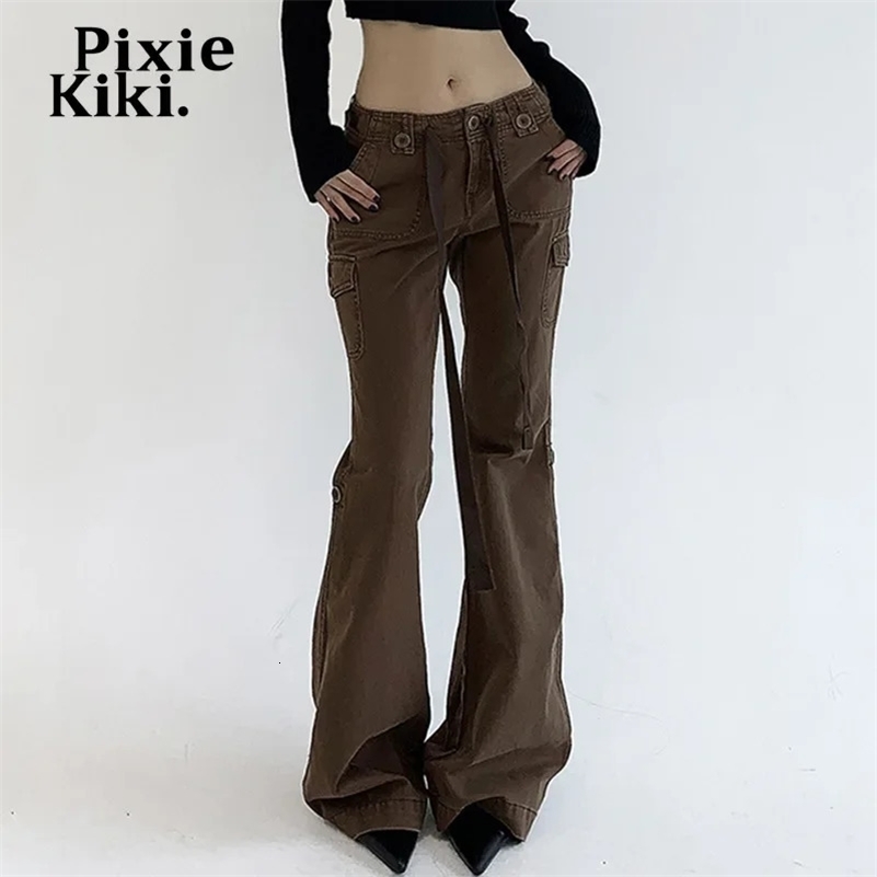 PixieKiki Low Rise Flare Jeans Women Grunge Y2k Cargo Pants 90s Vintage Clothes Black Brown Denim Trousers Streetwear P67-FZ30 240806