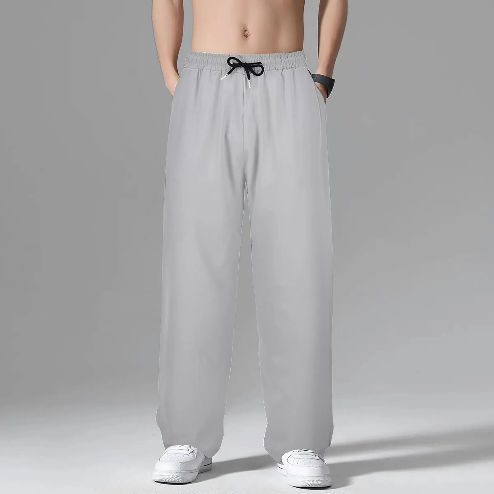 Ice Silk Men Joggers Sweatpants Y2k Streetwear Sportswear Jogging Gym Trousers Male Baggy Wide Leg Straight Pants 240806