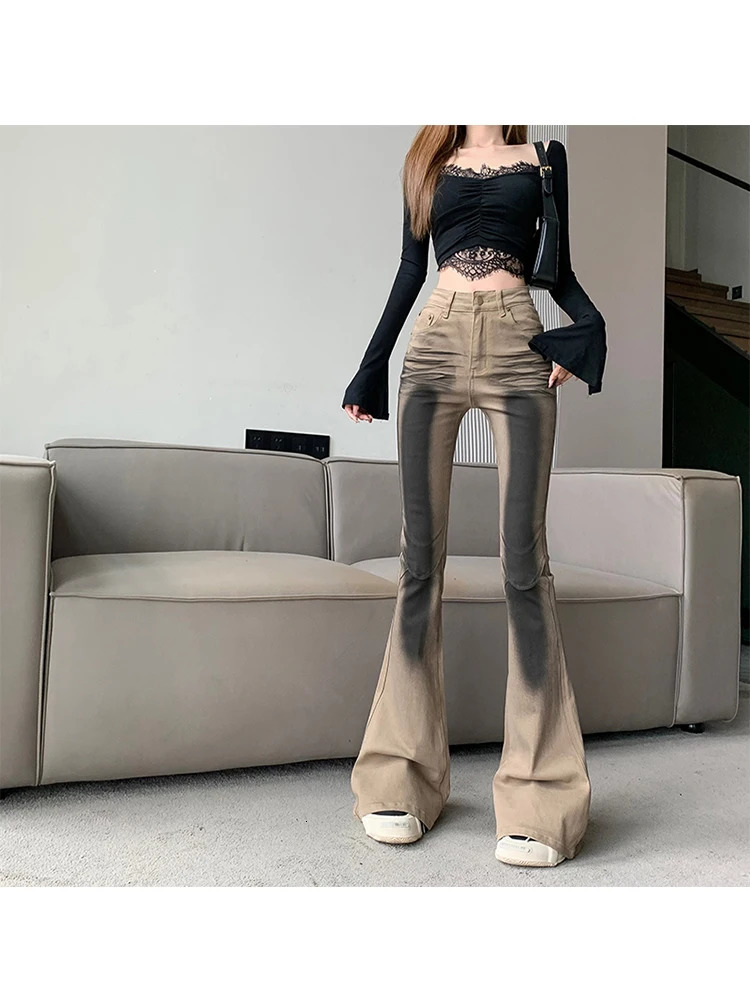 Women High Waist Gyaru Flare Jeans Dark Academia Bell Bottom Trashy Y2k Japanese Streetwear Denim Pants Grunge Goth Hip-pop Punk 240807