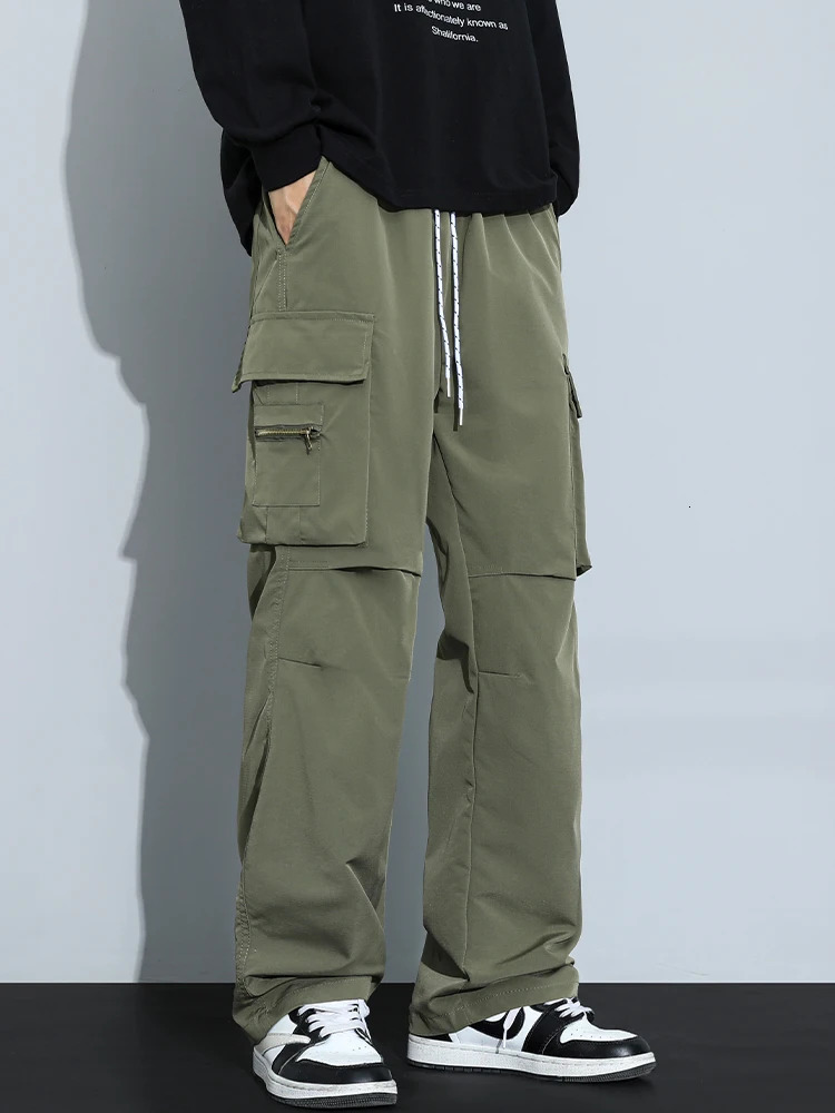 Spring Autumn Mens Cargo Pants String Banding Multi-Pockets Casual Baggy Pants Y2K Sweatpants High Street Straight Trousers 240807