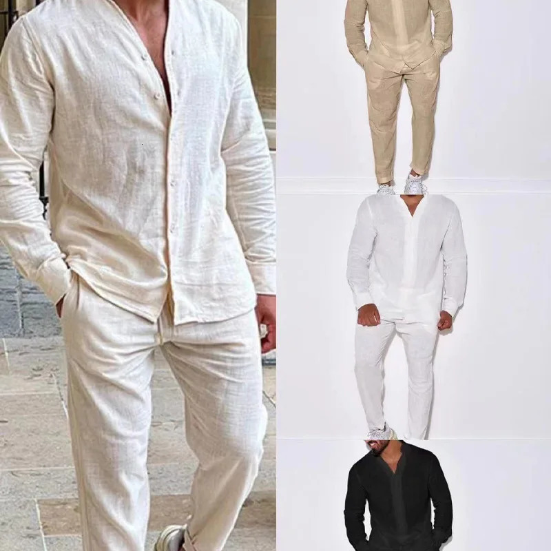 Mens Linen Spring and Autumn Suit Casual Long-sleeved Shirt Fashion Cargo Pants Sports Two-piece Set 240806