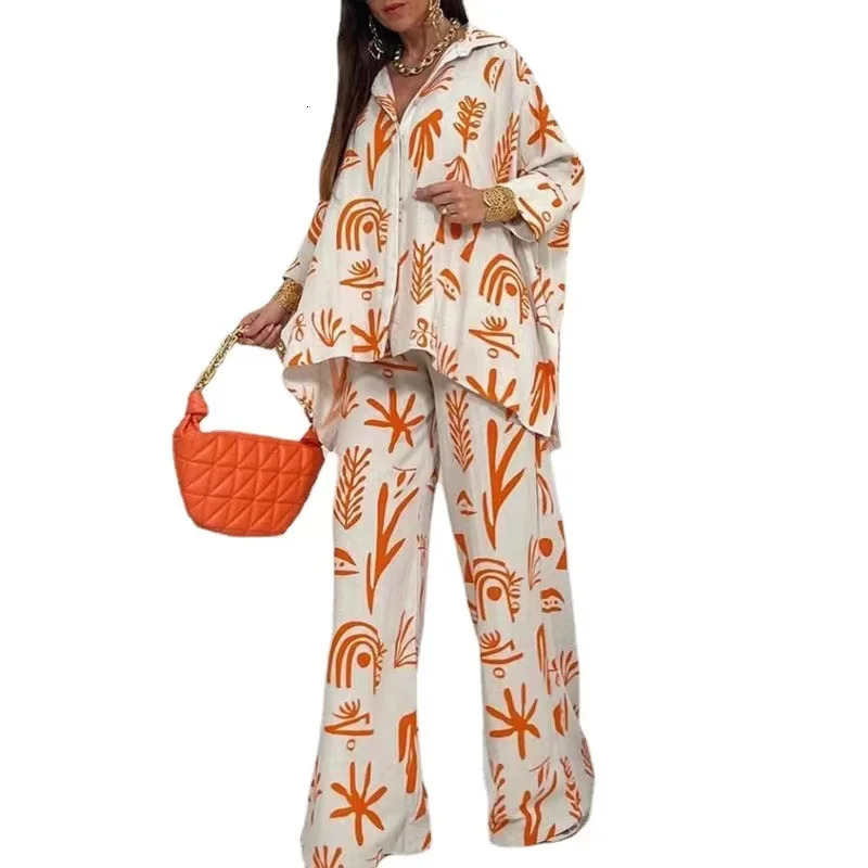 Autumn Wide Leg Pants Two Piece Sets Outfits Womens Spring Long Sleeve Button Down Shirt Suit Casual 2pcs Set For Female 240807