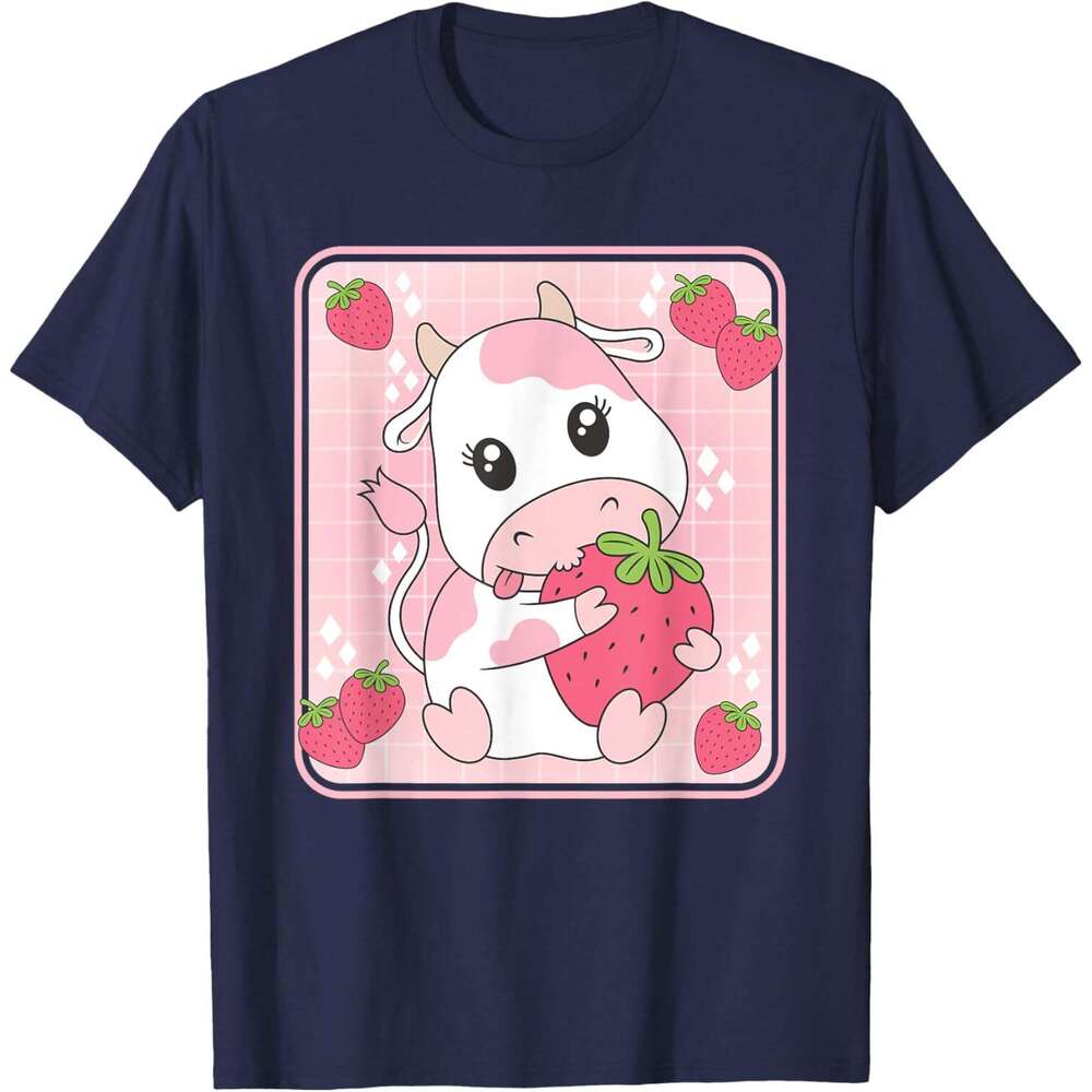 Mens T shirt Cute Strawberry Milk Pink Cow Print Kawaii Aesthetic Animal T-Shirt shirts tshirt graphic tee Casual tops clothes Short sleeve Free shipp