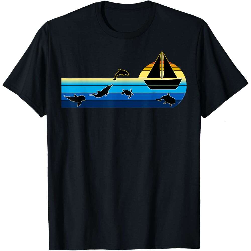Mens T shirt Nautical Sunrise Sailboat with Dolphins Beach Summer Sailing T-Shirt shirts tshirt graphic tee Casual tops summer clothes Short sleeve Fr
