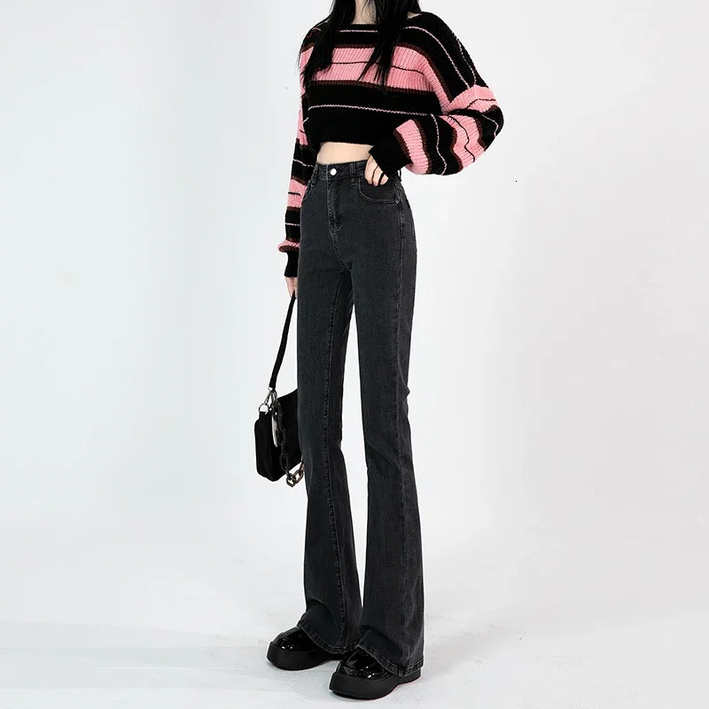 Winter Warm Fleece Gray Jeans Flared Pants Women High Waist Thick Denim Pant Autumn y2k elegant cloth Slight Bootcut Bell Bottom 240807