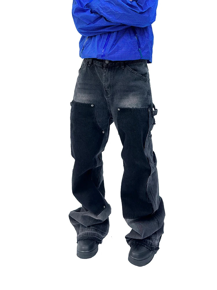 Techwear Style Niche Design Washed Distressed Rivet Destroyed Tassel Womens Lightly Flared Overalls Pocket Jeans Men Pants 240806