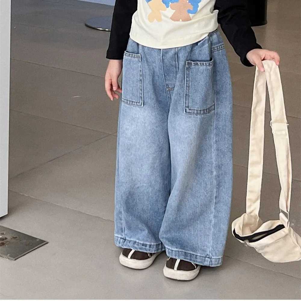 Jeans Spring and Autumn Childrens Pocket Wide Leg Jeans Contrast Loose Relaxed Pants for Boys and Girls Jeans Baby Kids Trousers