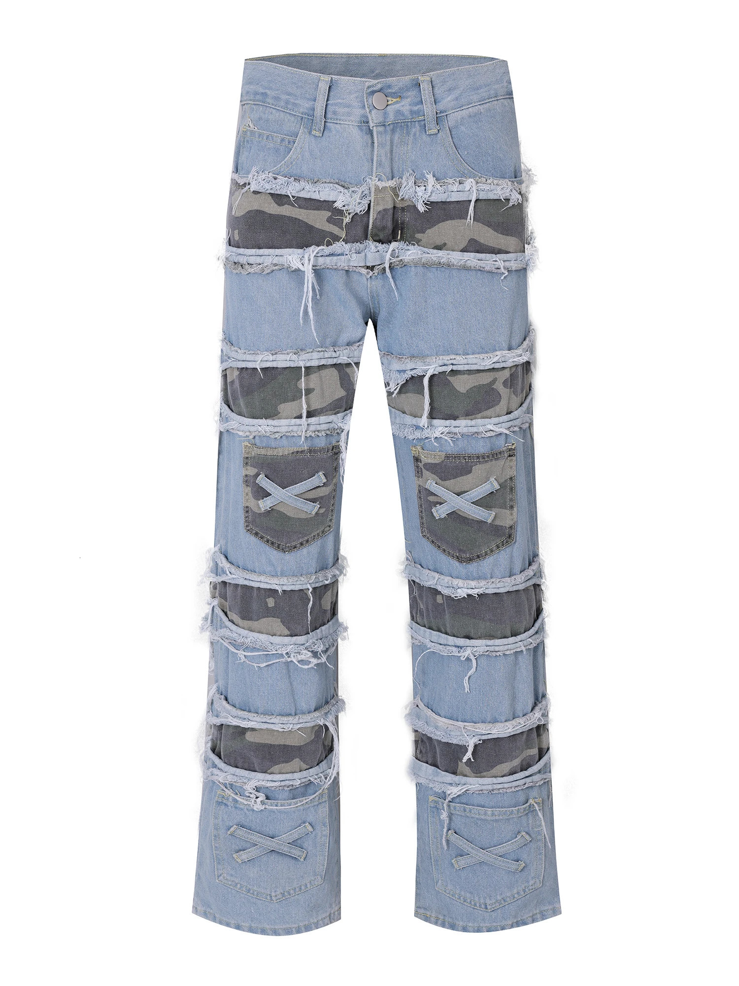 Style Vintage Washed Distressed Ripped Patch Jeans Men Street Hip Hop Erosion Camouflage Destroyed Trousers Women 240806