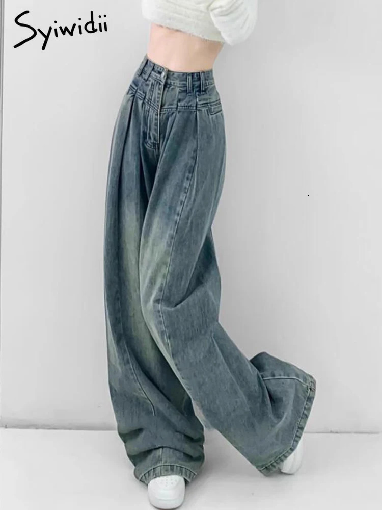 Syiwidii Jeans for Women Vintage Pleated Chic Casual Denim Pants Fashion Streetwear Loose Straight High Waist Jeans 240807