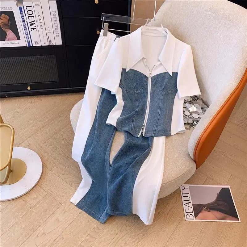 Casual Pant Sets Denim Splicing 2 Pieces Set Summer Polo Collar Zipper Tops High Waist Wide Leg Trousers Women Clothing Suit 240807