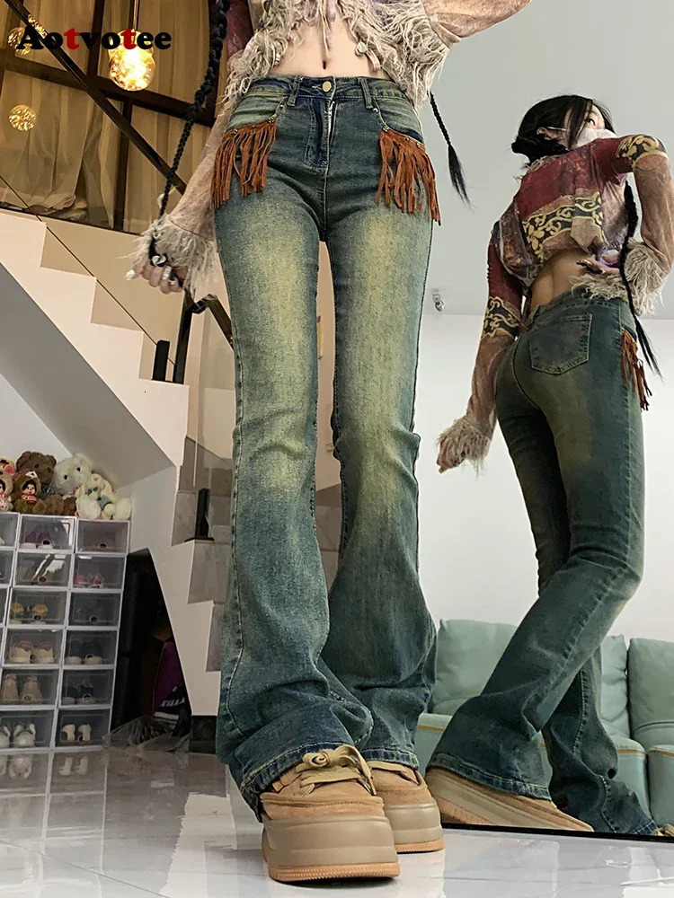 Aotvotee Jeans Woman High Waisted Denim Bell Bottom Pants Tassel Pocket Chic Street Vintage Washed Korean Fashion Jeans 240807