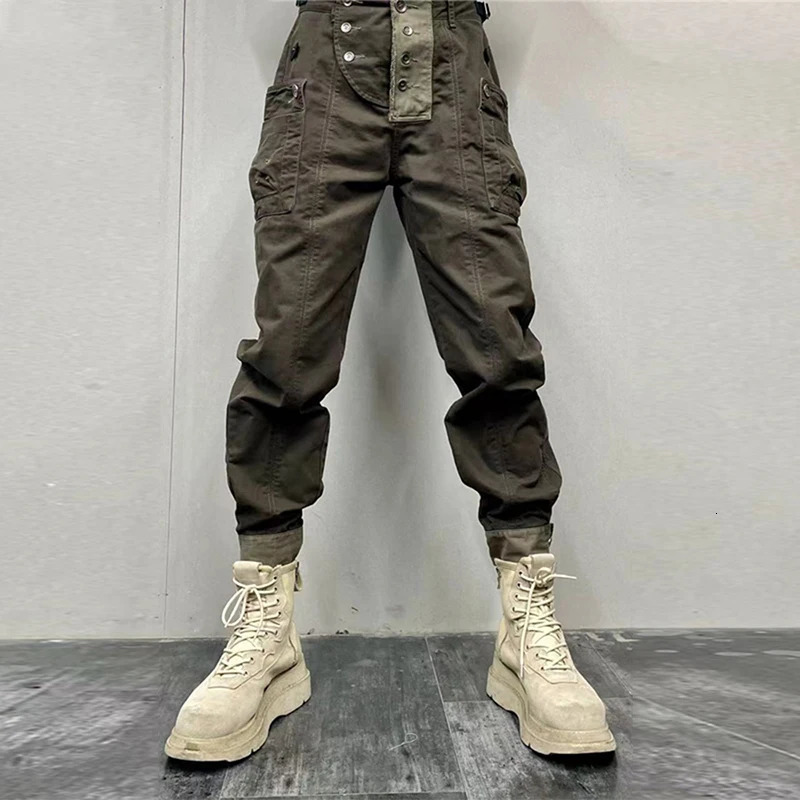Vintage Washed Casual Cargo Pants Spliced Pockets Workwear Trendy Military Safari Style Leggings Mens Trousers 240806