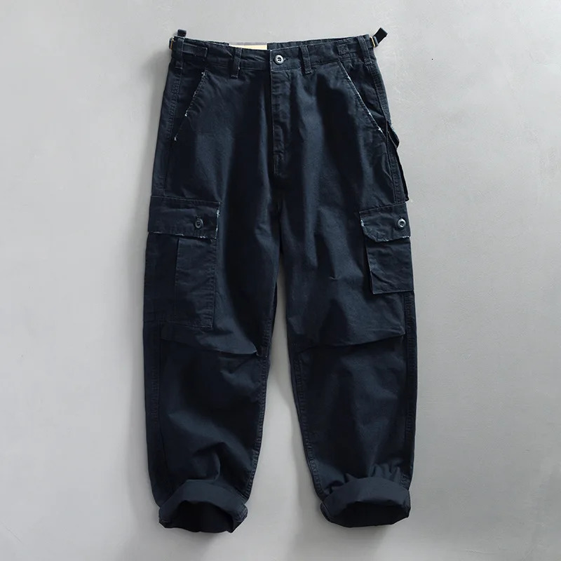 Buckle Back Waist Retro Multi Pockets Workwear Pants Mens Cotton Loose Straight Versatile Casual Distressed Washed Trousers 240806