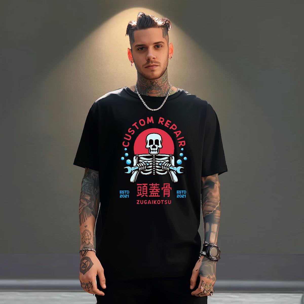 2024 DIY T-Shirts for Men skull Wear 230g 100% Cotton Hip Hop Street Cool Skull Short Sleeve Soft Tshirt for Man Woman