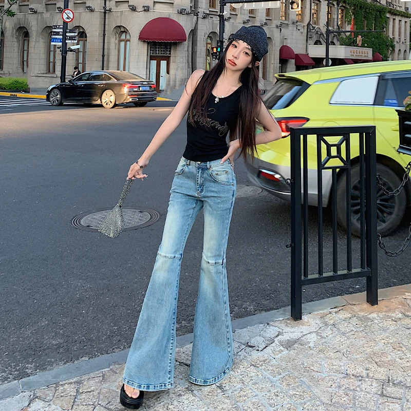 WCFCX STUDIO Vintage Blue Flare Jeans Women High Waist Slim Skinny Jeans Korean Style Street Streetwear Denim Trousers 240807