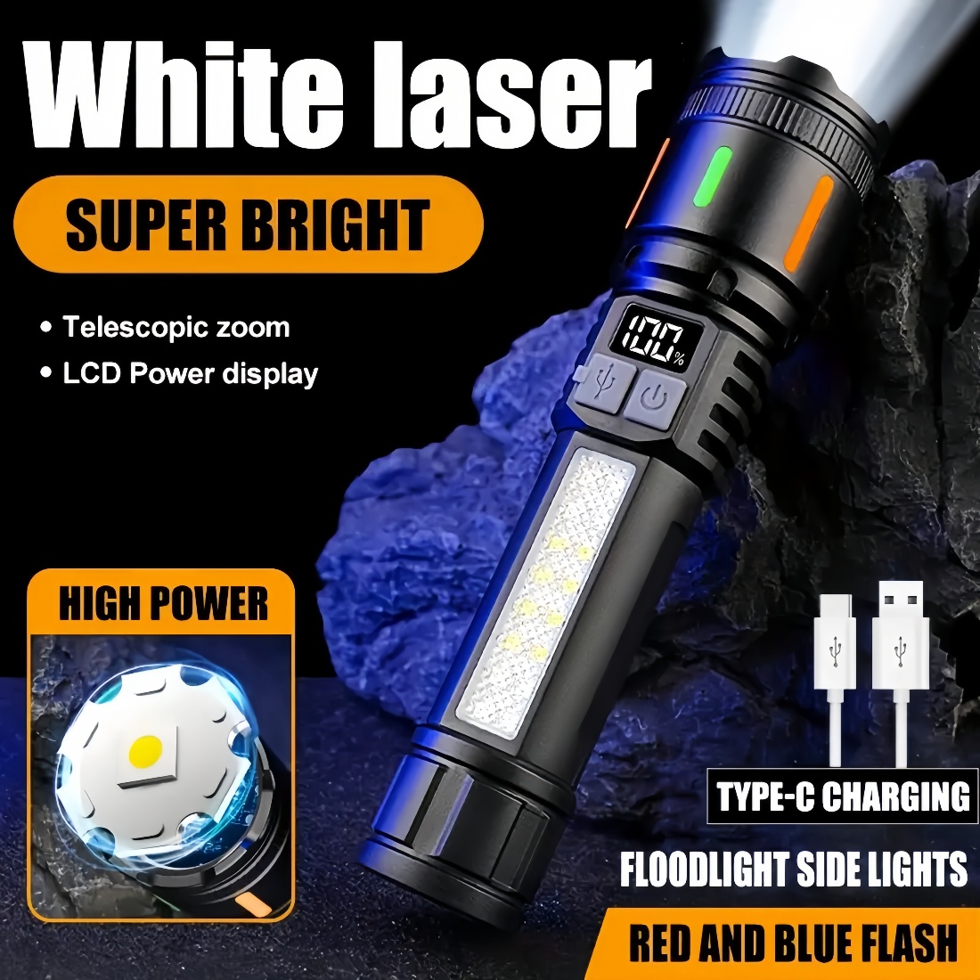 Enhanced Visibility Portable Lightweight Flashlight Featuring a Strong Laser Beam, Suitable for Extended Use Outdoors