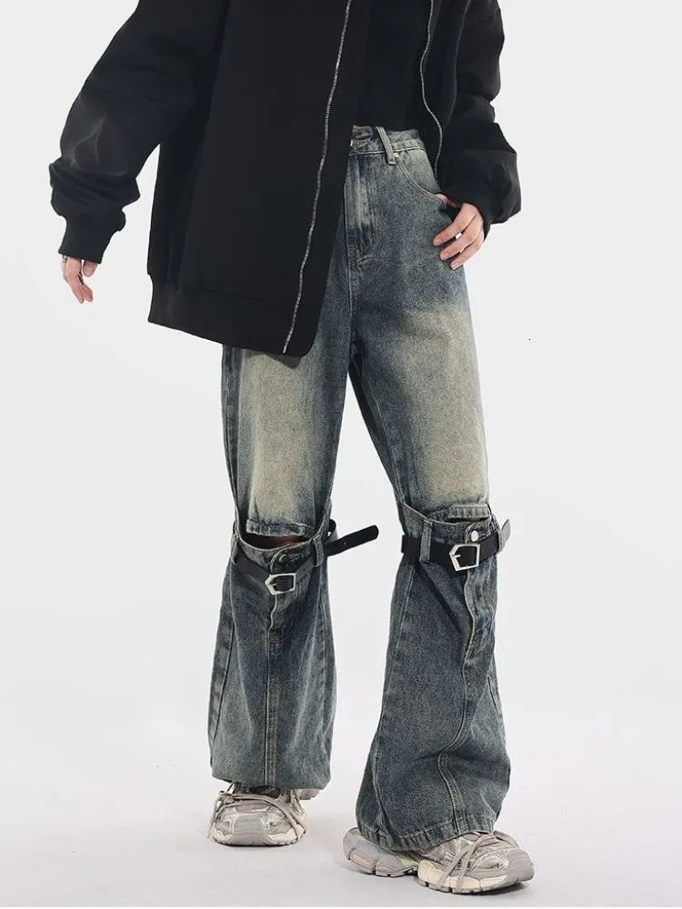American Retro Washed Bell Bottom Jeans Y2k Grunge High Waist Loose Denim Pants Straight Wide Leg Women 240807