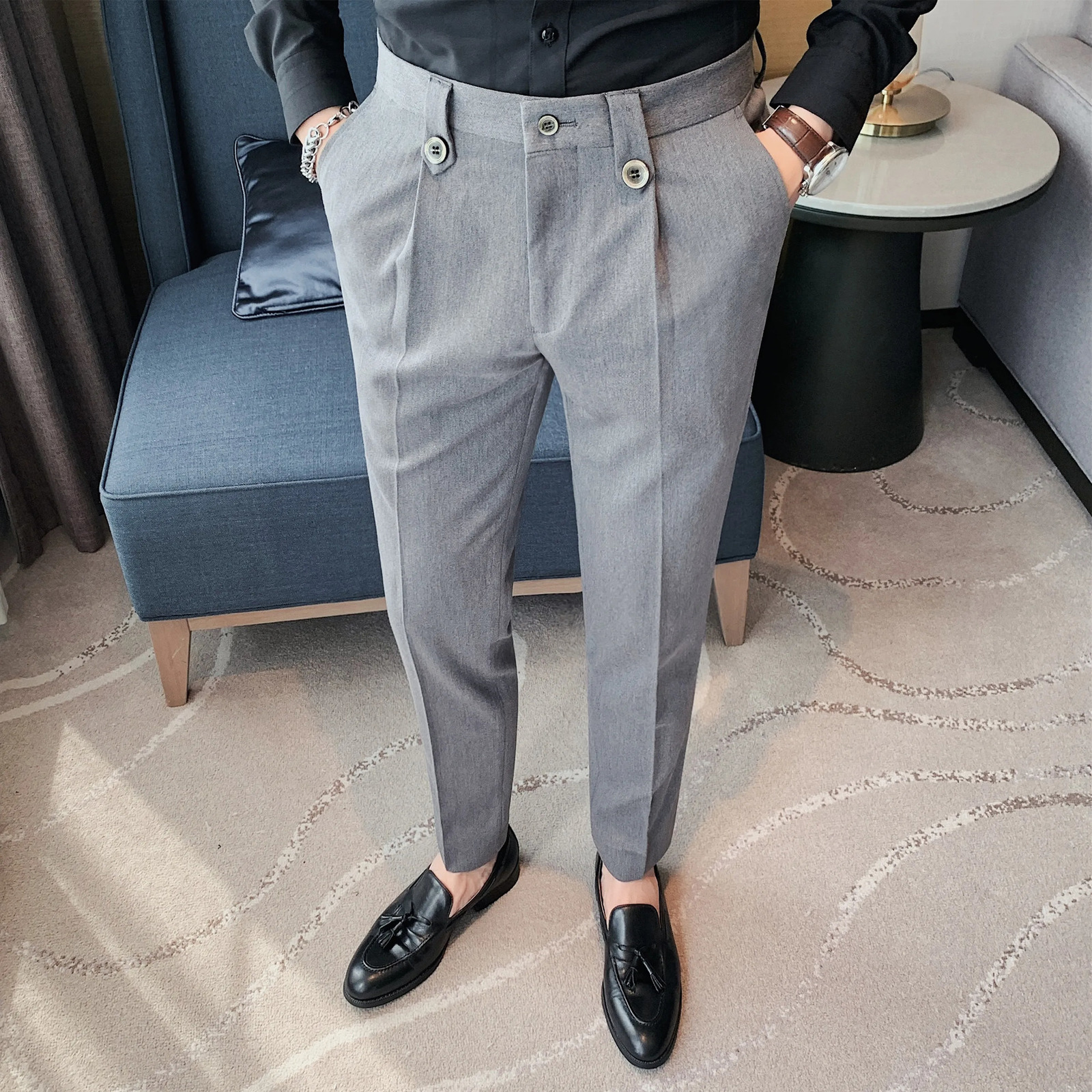 Style W Men Noniron Fabric Dress Pants Slim Straight Black White Casual Suit Trousers Male Business Little Feet 240806