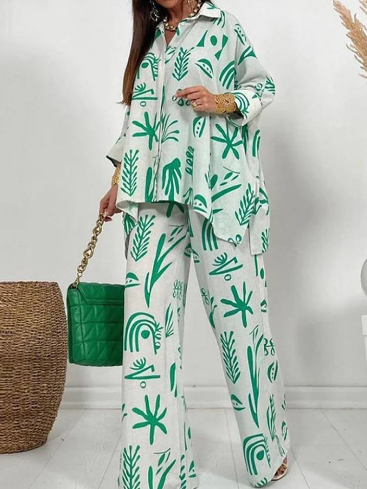 Autumn Wide Leg Pants Two Piece Sets Outfits Womens Spring Long Sleeve Button Down Shirt Suit Casual 2pcs Set For Female 240807