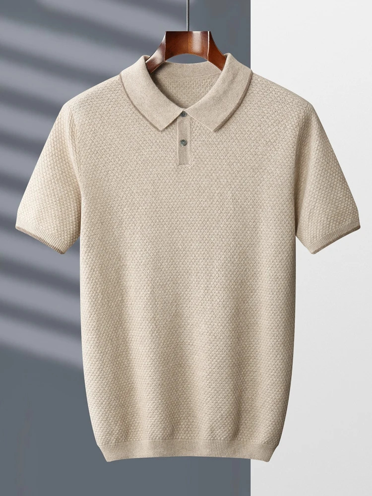 High quality spring and summer 100 pure cashmere mens sweater POLO collar knitted floral youth casual top short sleeved shirt 240807