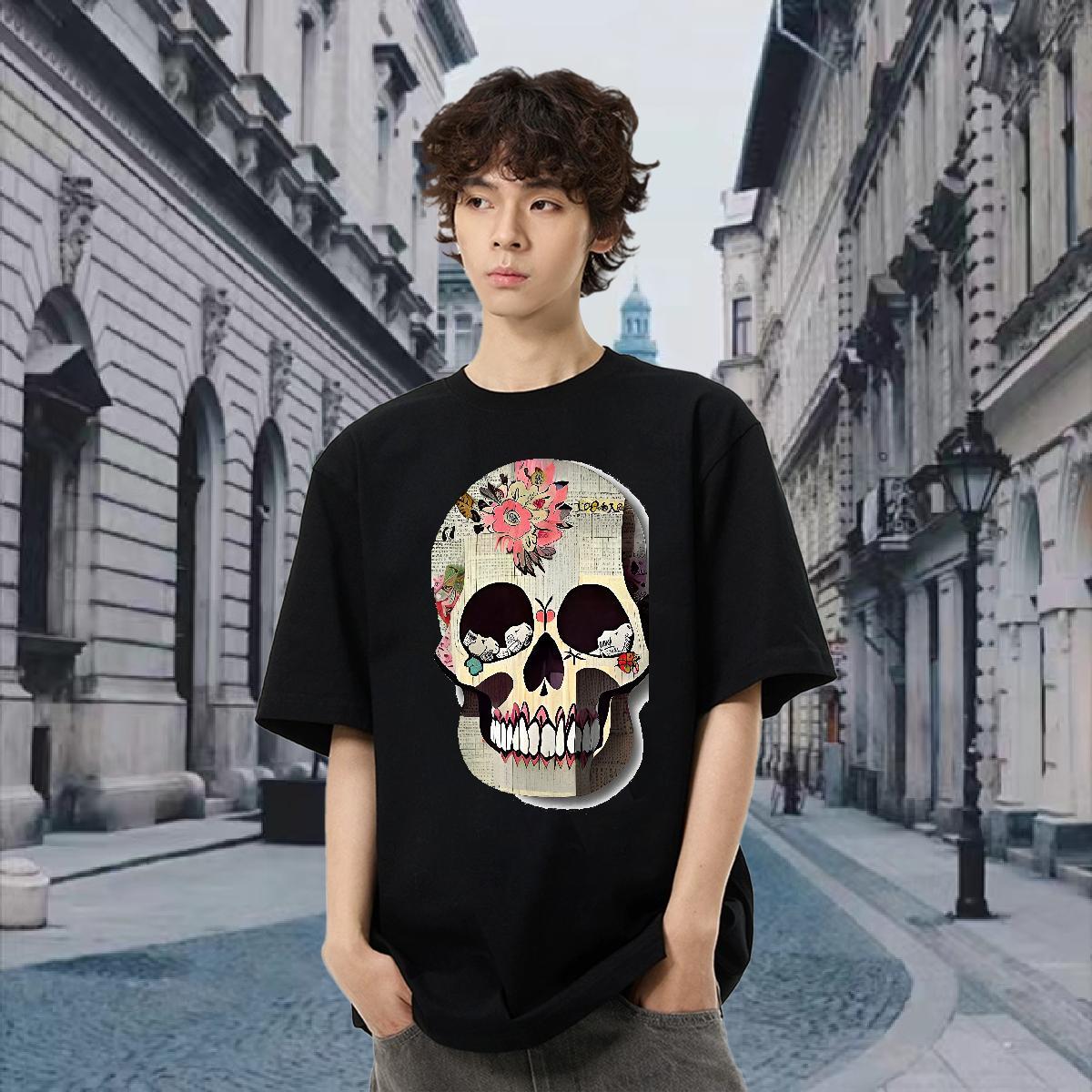 Designer T shirt skull Tops 230g Pure Cotton Casual Daily Wear Unisex White Plus Size Short Sleeve Soft Men Tees