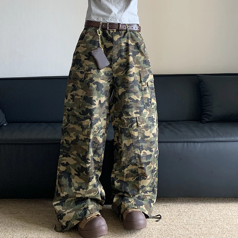 FEWQ American Camouflage Workwear Pants Mens Loose Straight Leg Wide Casual Large Pockets Male Trousers 24E1427 240806