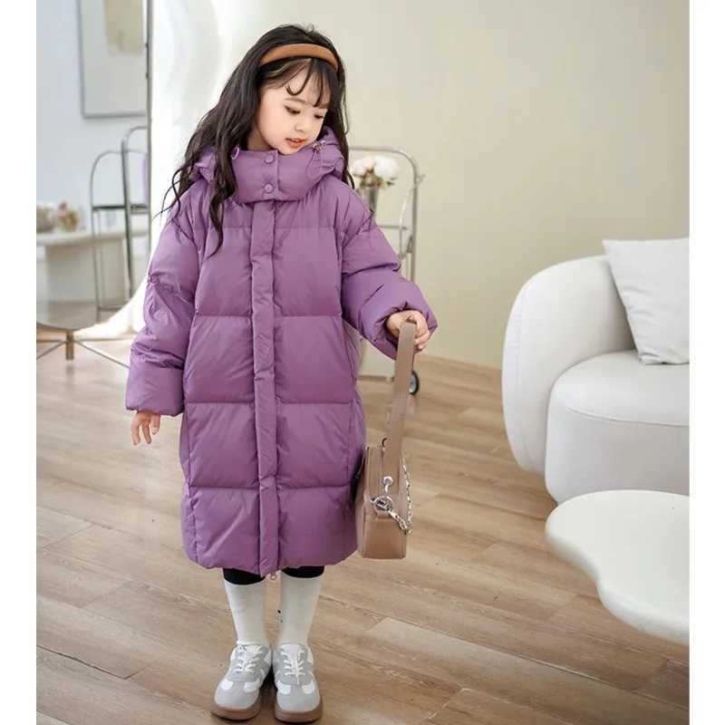 Winter Boys Girls Down Jacket Long Style Purple/Black Parka Coat Hooded Zipper Outerwear Birthday Gift Kids Cotton Clothes 5-14Y Y240803
