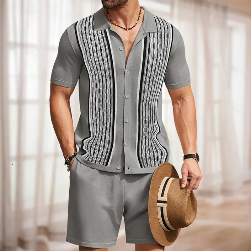 Retro patch work crochet shirt and shorts set casual daily shirt set mens holiday outdoor clothing summer240806
