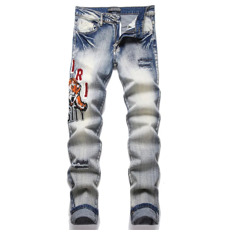 2024 Punk Mens Black and Blue Letter Embroidered Jeans Street Clothing Hole Tear Denim Pants Hip Hop Ultra Thin Hombre Trousers 240806