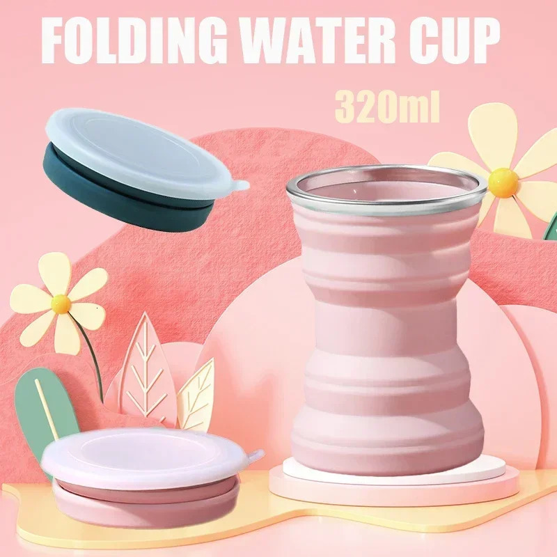 320ml portable silicone folding water outdoor heat-resistant stretchable foldable cup with lid used for travel and camping Z260202