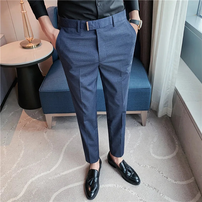 Casual Dress Pants Men British Style Slim Straight Leg Trousers Fashion Solid Business Formal Office Suit Clothing 240806