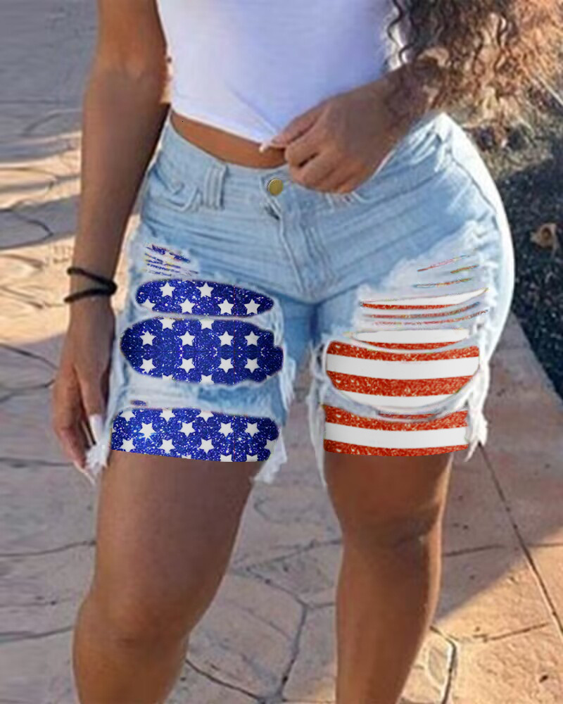 2024 spring/summer new denim with patch fabric, women's personality, street style, perforated straight leg shorts