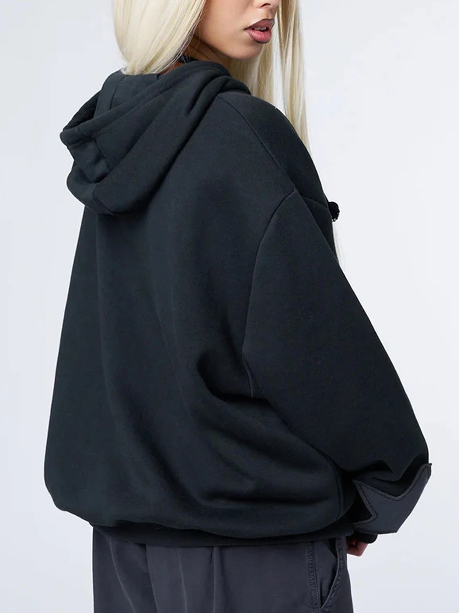 Y2K Vintage Star Print Hooded Hoodie for Women Casual Loose Long Sleeve Zip Up Drawstring Sweatshirts Autumn Spring Coat Street 240807
