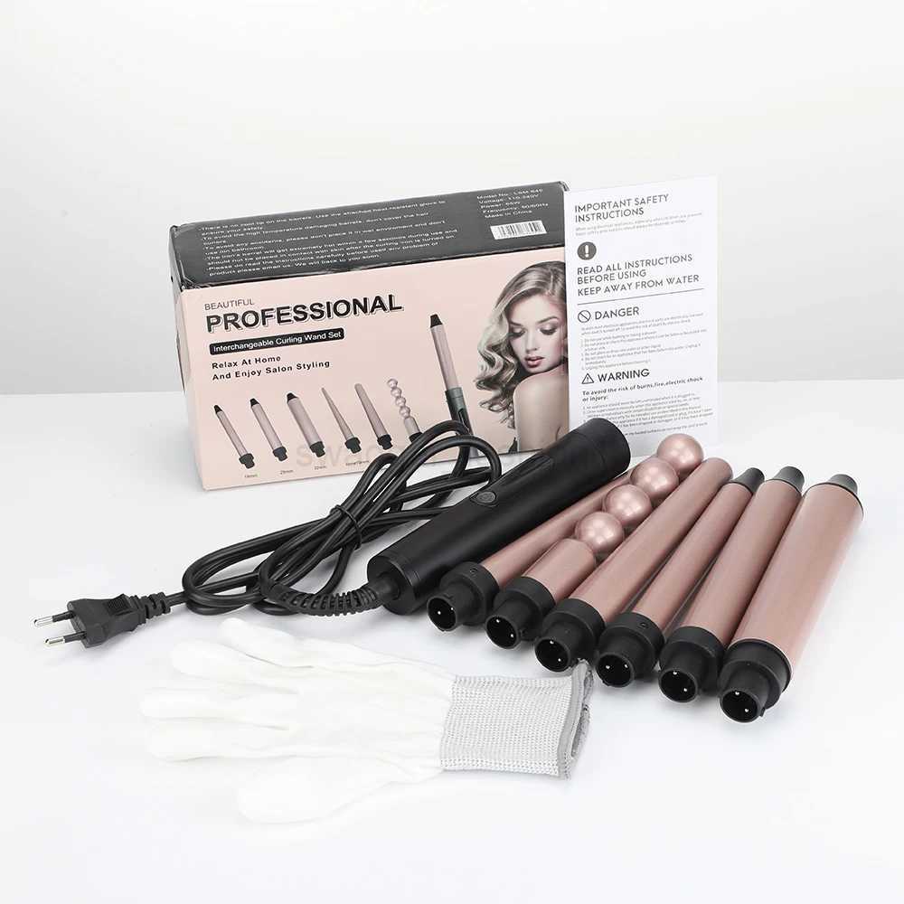6 in 1 Curling Hair Iron Wand Set Temperature Adjustable with 6 Interchangeable Ceramic Conical Spiral Rose Golden Hair CurlersXJ240807