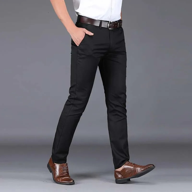Summer Ultrathin Mens Ice Silk Casual Pants Soft Comfortable Solid Color Elastic Business Straight Trousers Man Navy Blue 240806