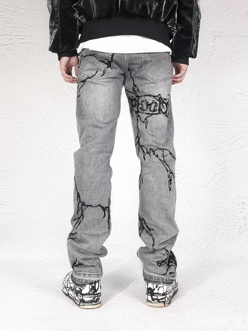 AvantGarde Style Pants Handpainted Drip Glue Brush Wax Heavy Washing Stretch Jeans Men Autumn 240806