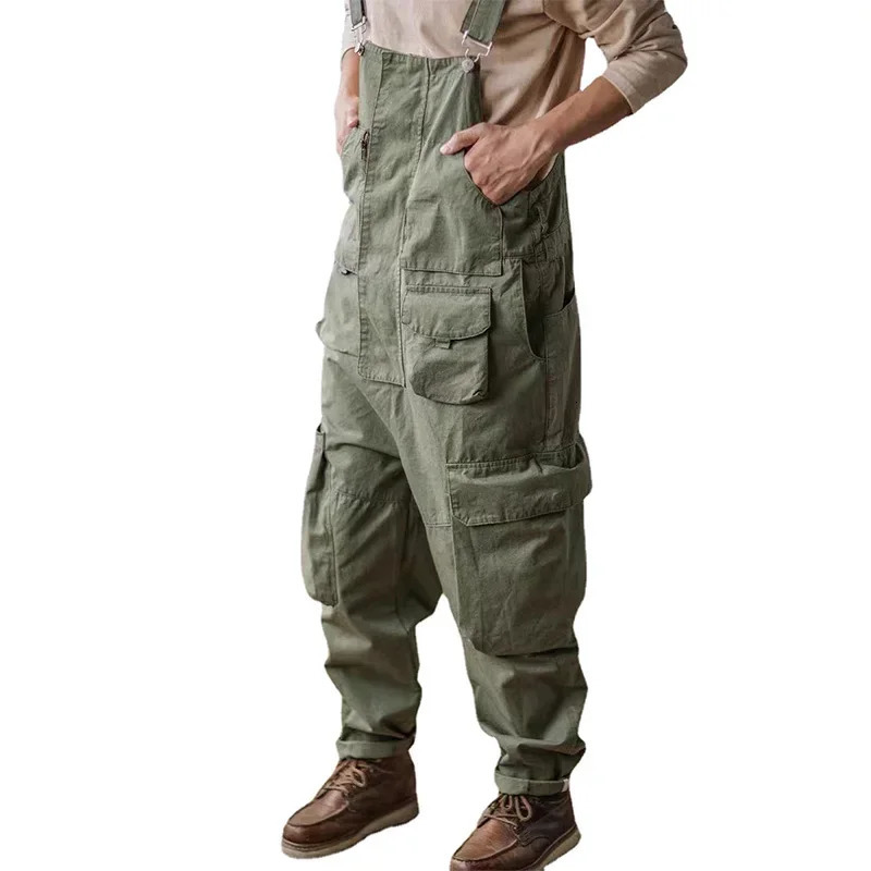 Retro American Cotton Overalls Bibs Loose Washing Jumpsuit Mens Suspenders Four Seasons Full Length Baggy Pants 240806