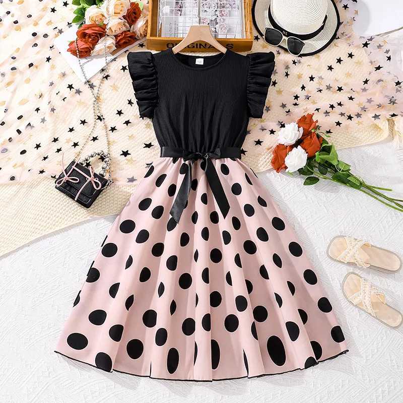 Childrens casual womens summer new style childrens fashion printed sleeveless black A-line elegant dress 7-14YW240720