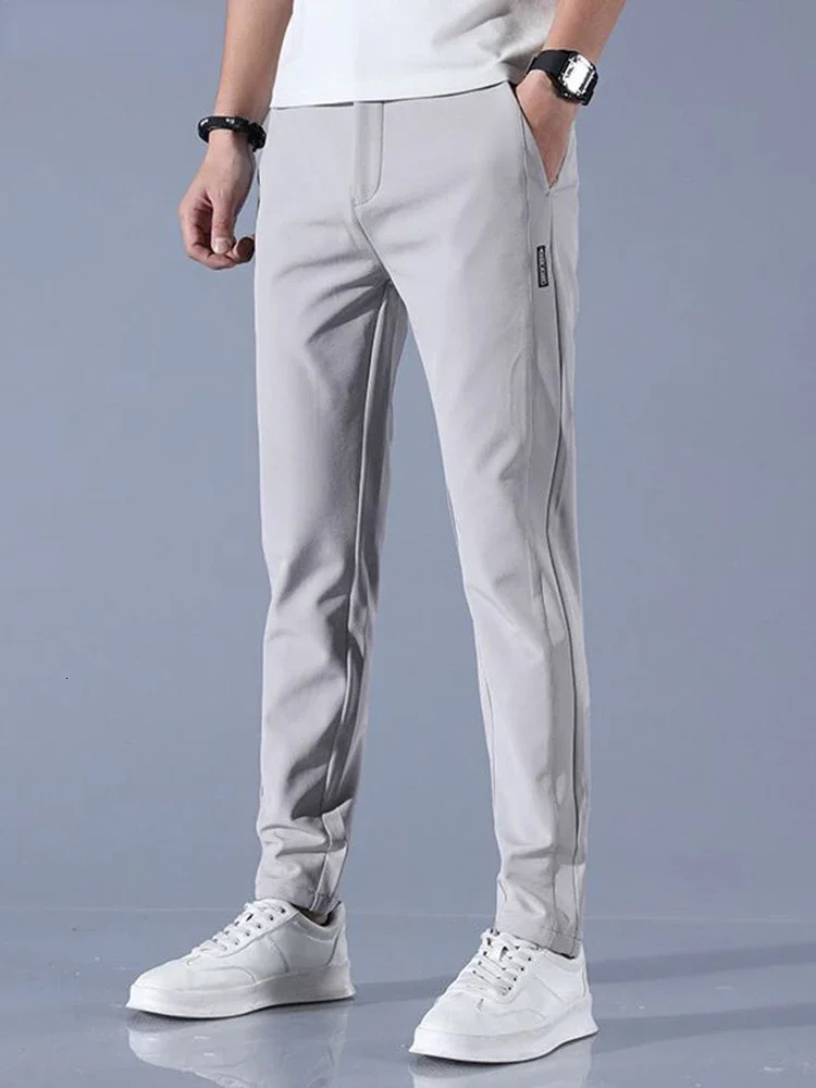Mens Summer Silk Casual Pants Straight Loose Elastic Thin Quick Drying Youth Sports Breathable 240809